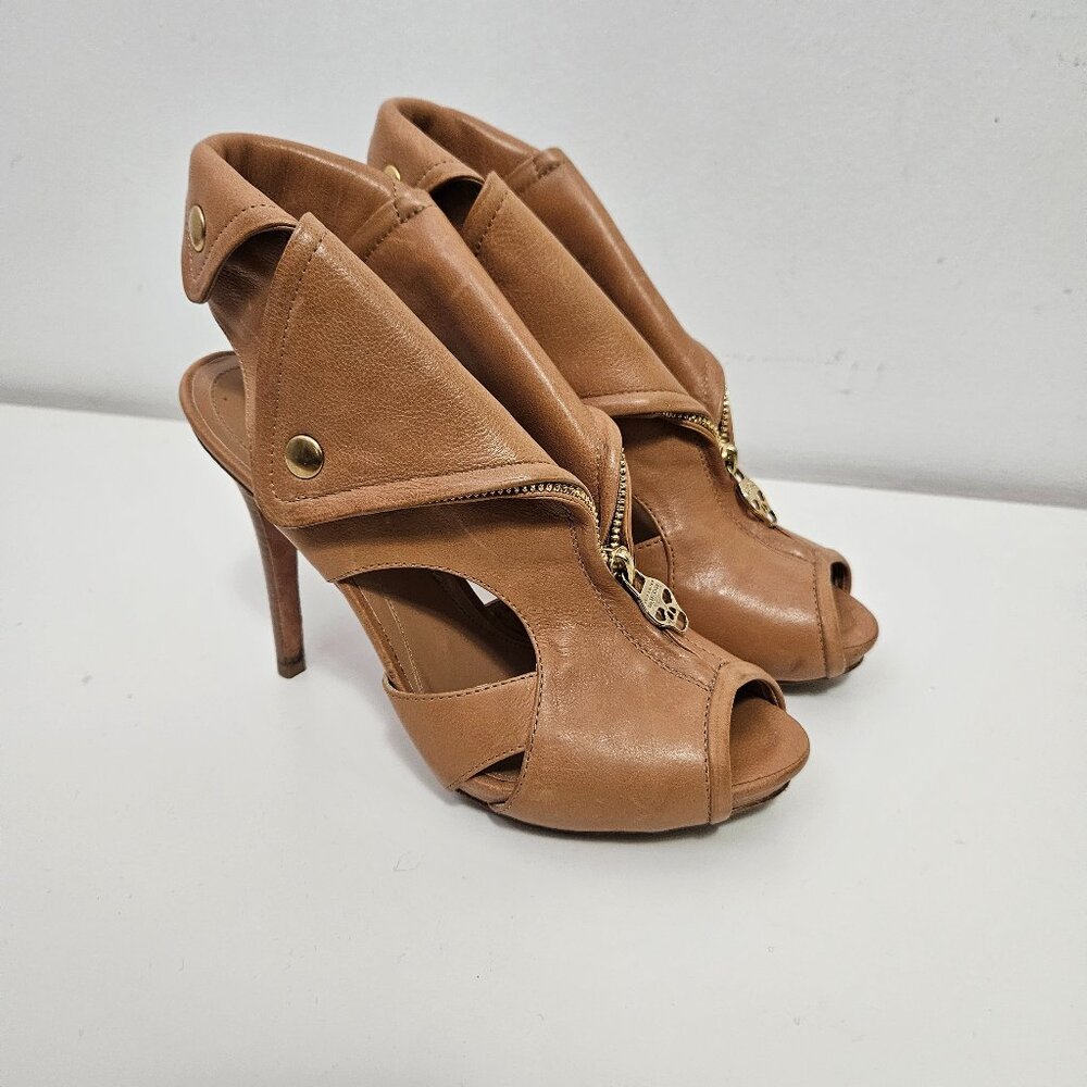 Alexander McQueen Faithfull Biker Stiletto Heels Skull Zippers Sz 6.5 US/ 37 EUR